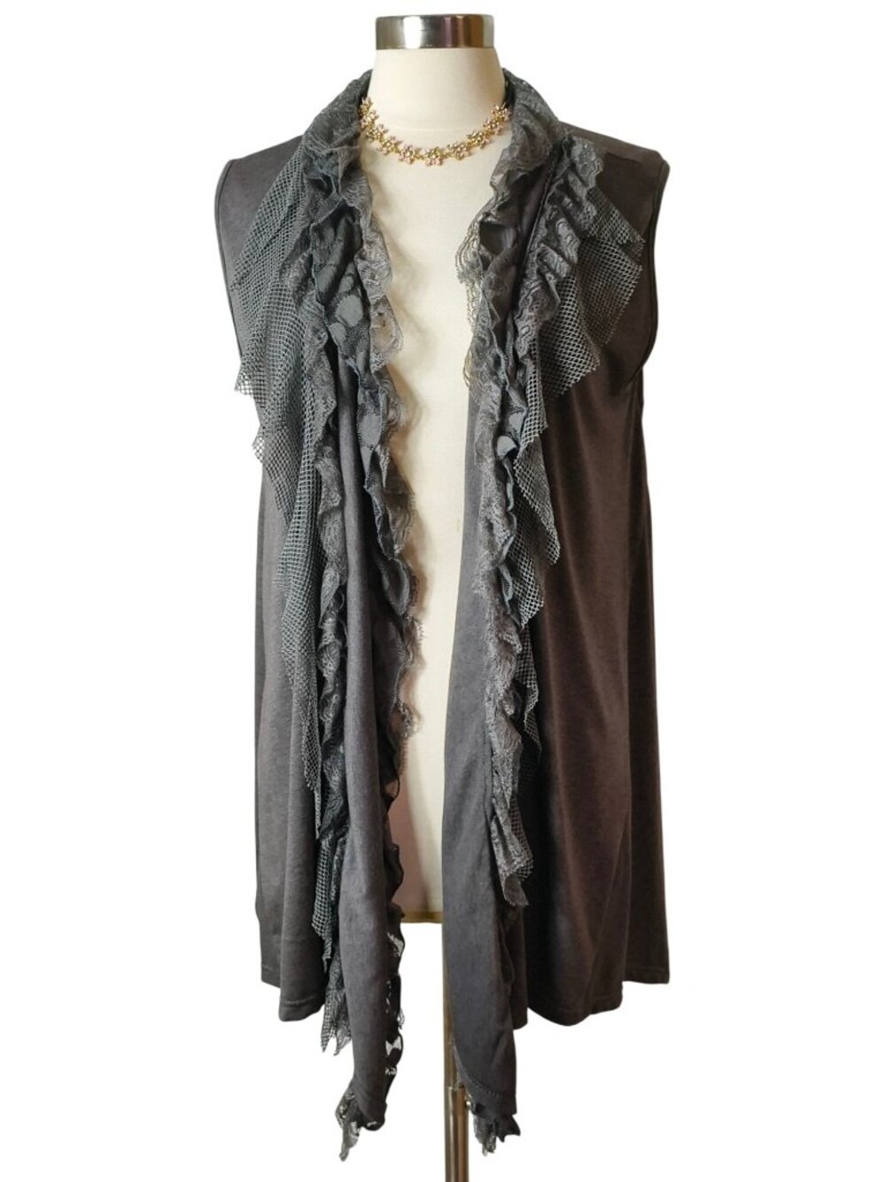 Pretty Angel Womens M Sleeveless Open Front Cardigan Cottagecore Festive Gray